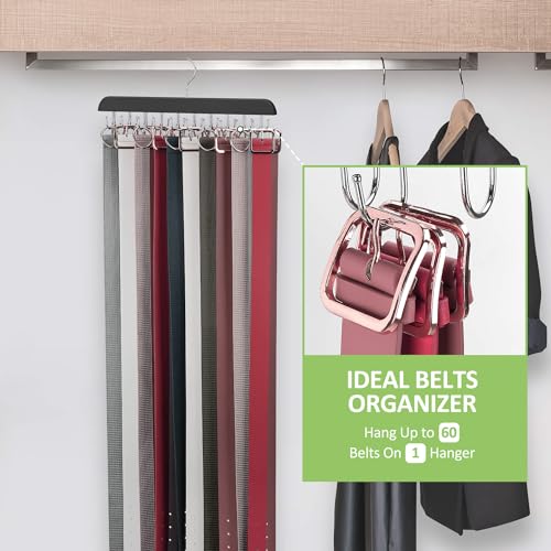 OMHOMETY Belt Hanger for Closet Max 60 Belts, Sturdy Wood Belt Organizer with 20 Hooks, Hanging Belt Rack Belt Storage Holder, Black 1 Pack