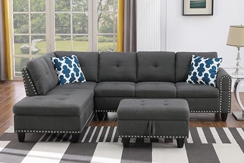 FANYE L-Shaped 5 Seaters Sectional Sofa with Right Chaise, Faux Leather Upholstered Corner Sofa&Couch W/2 Cup Holders and Storage Ottoman for Home Apartment Office Living Room