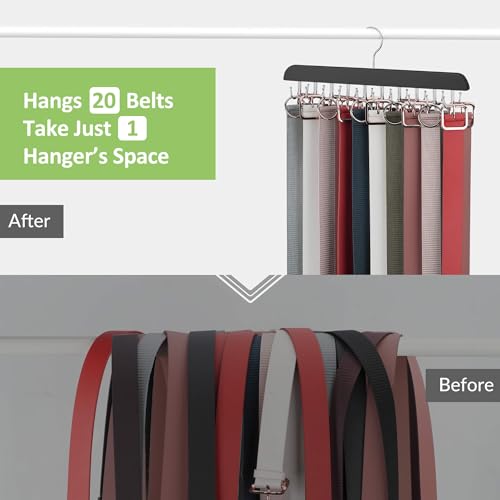 OMHOMETY Belt Hanger for Closet Max 60 Belts, Sturdy Wood Belt Organizer with 20 Hooks, Hanging Belt Rack Belt Storage Holder, Black 1 Pack