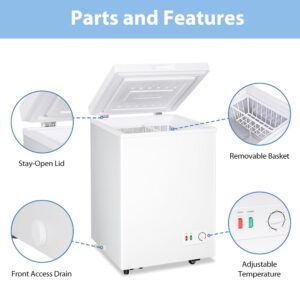 Chest Freezer, Small Deep Freezers Top Door with Removable Basket, 7 Temperature Control Energy Saving, Compact Freezer for Home Kitchen Office Dorm Apartment Indoor Use, White