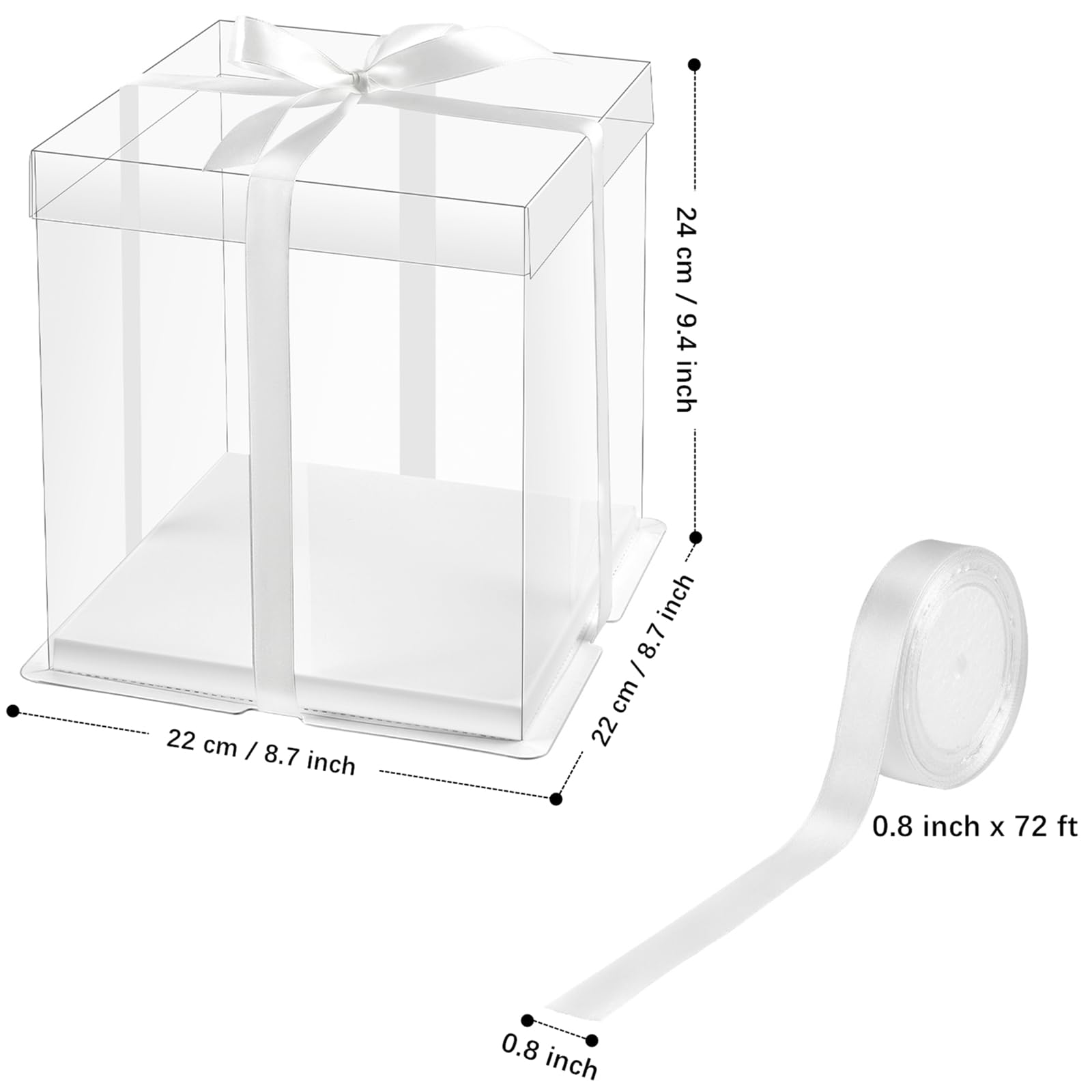 Ocmoiy 8 × 8 × 9 In. Clear Cake Box with Ribbon, 5 Pcs White Disposable Cake Carrier with lid for 2-Layer Cake Holder, Display and Gift Packaging