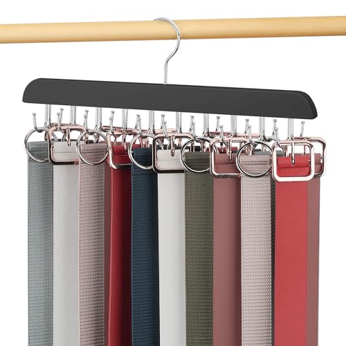 OMHOMETY Belt Hanger for Closet Max 60 Belts, Sturdy Wood Belt Organizer with 20 Hooks, Hanging Belt Rack Belt Storage Holder, Black 1 Pack