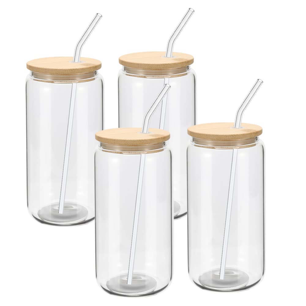 YOUKE OLA 20 Pack Glass Cups with Bamboo Lids and Glass Straw 16oz Beer Can Shaped Drinking Glasses Cups, Glass Tumbler Reusable Cute Cups for Whiskey, Iced Coffee, Tea, Soda, Cocktail, Gift, Clear