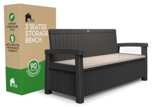 econohome 3 seat outdoor storage bench - 90 gallon capacity - weatherproof resin bench for patio, porch, garden, yard, pool area - furniture for pool accessories, gardening tools, toys