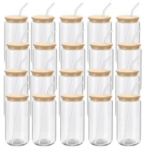 youke ola 20 pack glass cups with bamboo lids and glass straw 16oz beer can shaped drinking glasses cups, glass tumbler reusable cute cups for whiskey, iced coffee, tea, soda, cocktail, gift, clear