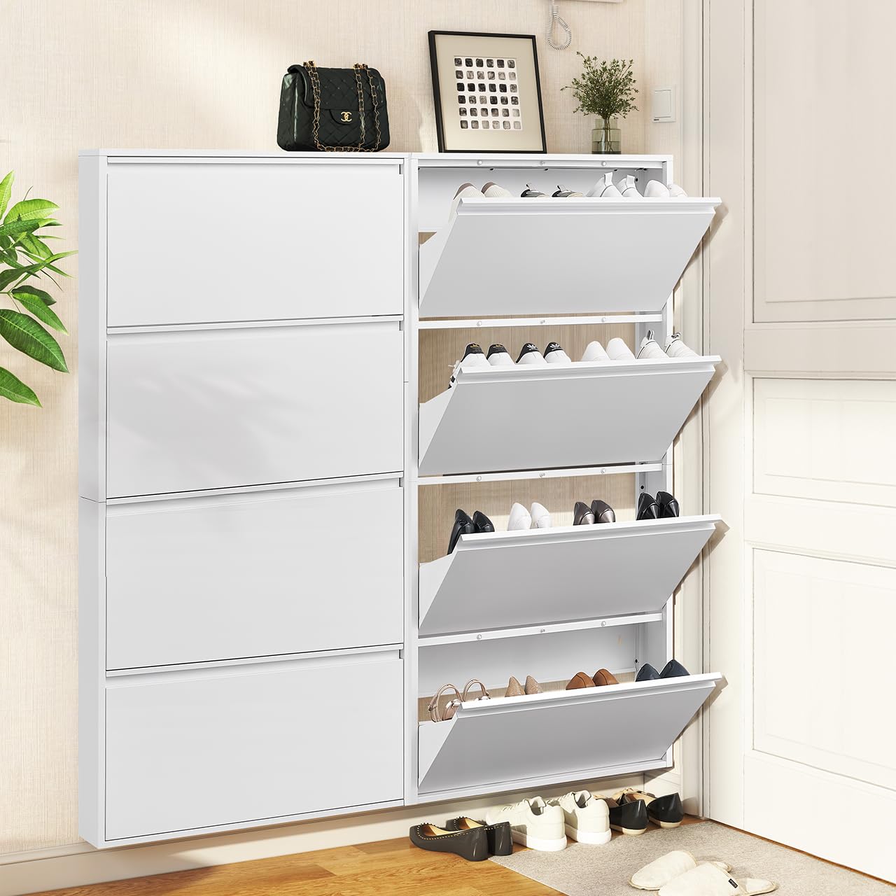 GREATMEET Metal Shoe Cabinet with 4 Flip Drawers, Wall Mount Metal Shoe Organizer for Entryway, 4 Layers Steel Shoe Rack Cabinet, Shoes Cabinet Storage Entryway(White, 4 FILP Drawers)