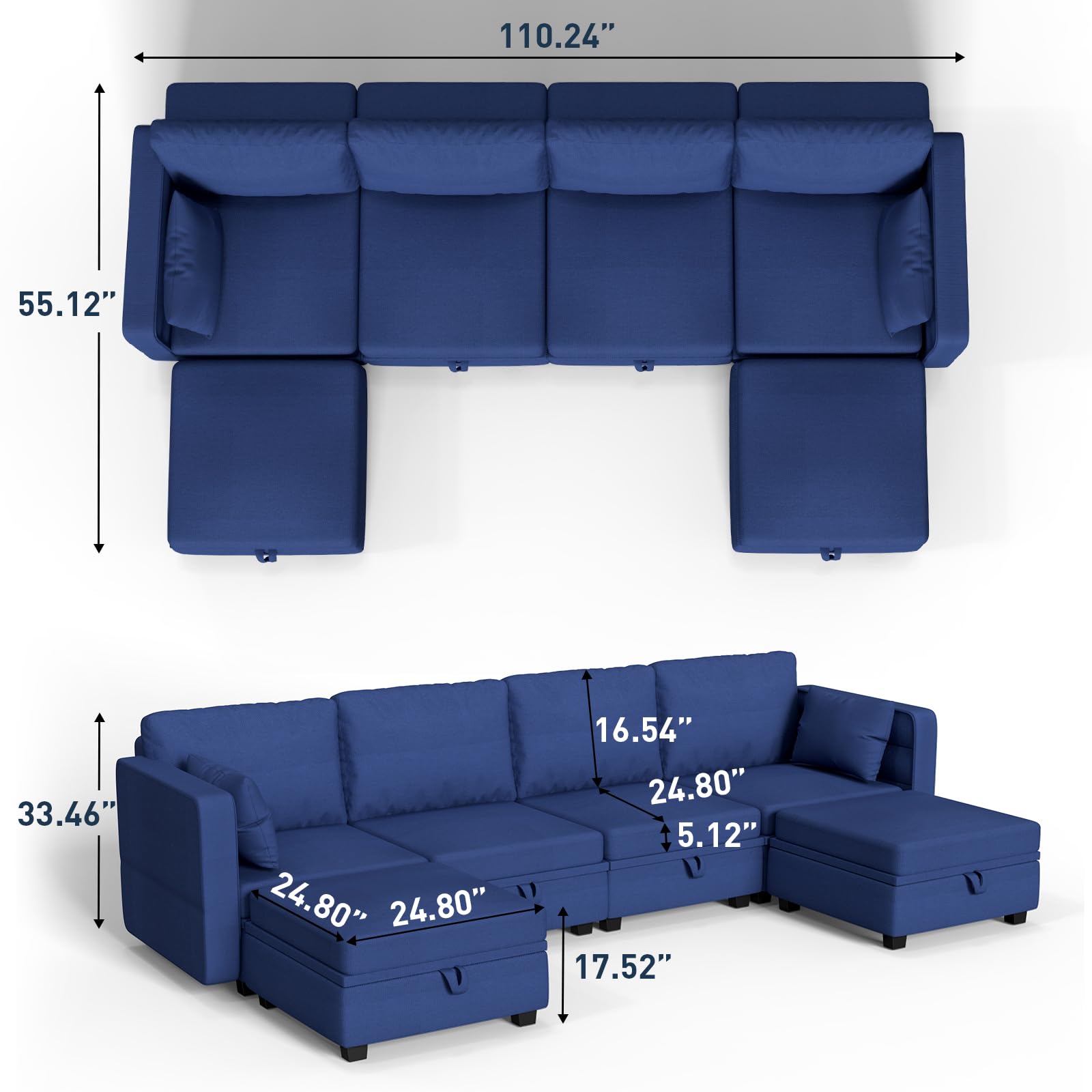 Rovibek 6 Seat Modular Sofa, L Shaped Sectional Couch with Storage for Living Room, Modern Fabric Settee Sleeper with Double Ottoman & Memory Foam, White