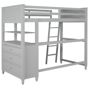 MERITLINE Twin Size Loft Bed with Desk and Dresser, Wooden Loft Bed with Storage Drawers and Shelves for Kids Teens Boys Girls,No Box Spring Needed,Grey