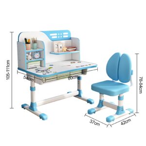 tulkdexi Kids Desk and Chair Set, Children School Study Table Chair Set, Ergonomic Desk Chair with Large Writing Board, Bookshelf and Drawer Blue, 3888198