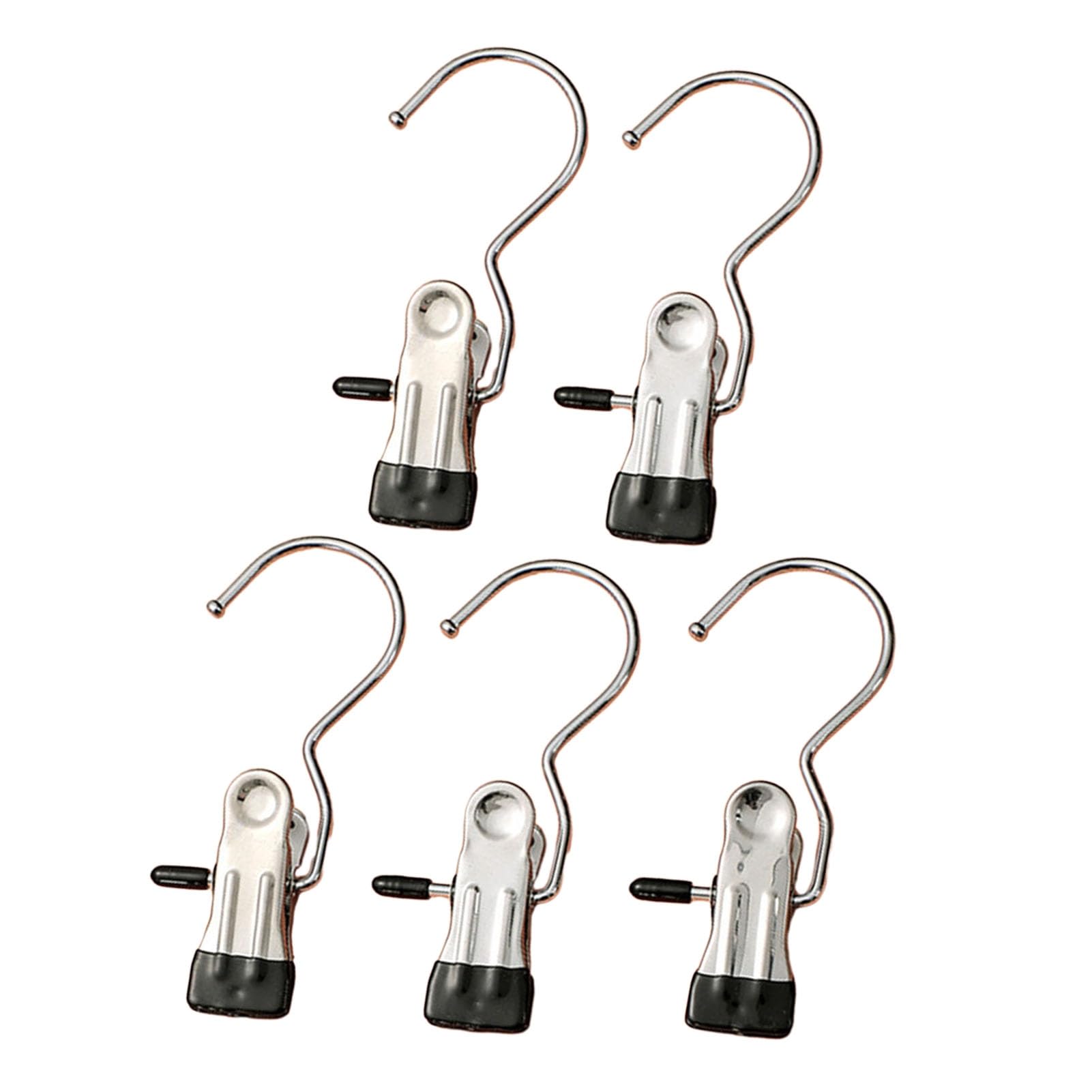 Worparsen Portable Clothes Hanger Rubber-Coated Clip Stainless Steel Multifunctional Drying Hook 5pcs Space-Saving Metal Clips for Traveling Outdoor Activities Black