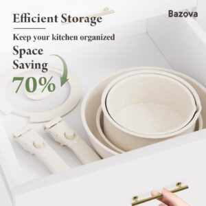 Bazova Ceramic Nonstick Cookware Set, Healthy,Non Toxic,17-Pieces Pots and Pans Set Removable Handles,Induction RV Kitchen Set,Stain & Scratch-resistant,Dishwasher/Oven Safe,PFAS/PFOA Free,Cream White