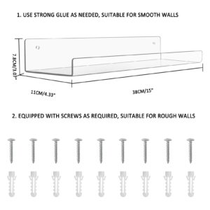 15" Acrylic Wall Shelves Storage Rack, Floating Wall Mounted Display Shelves, Kids Bookshelf Punch-free for Bedroom, Living Room, Bathroom, Kitchen With Screws and Super Glue(Single Load-Bearing 10KG)