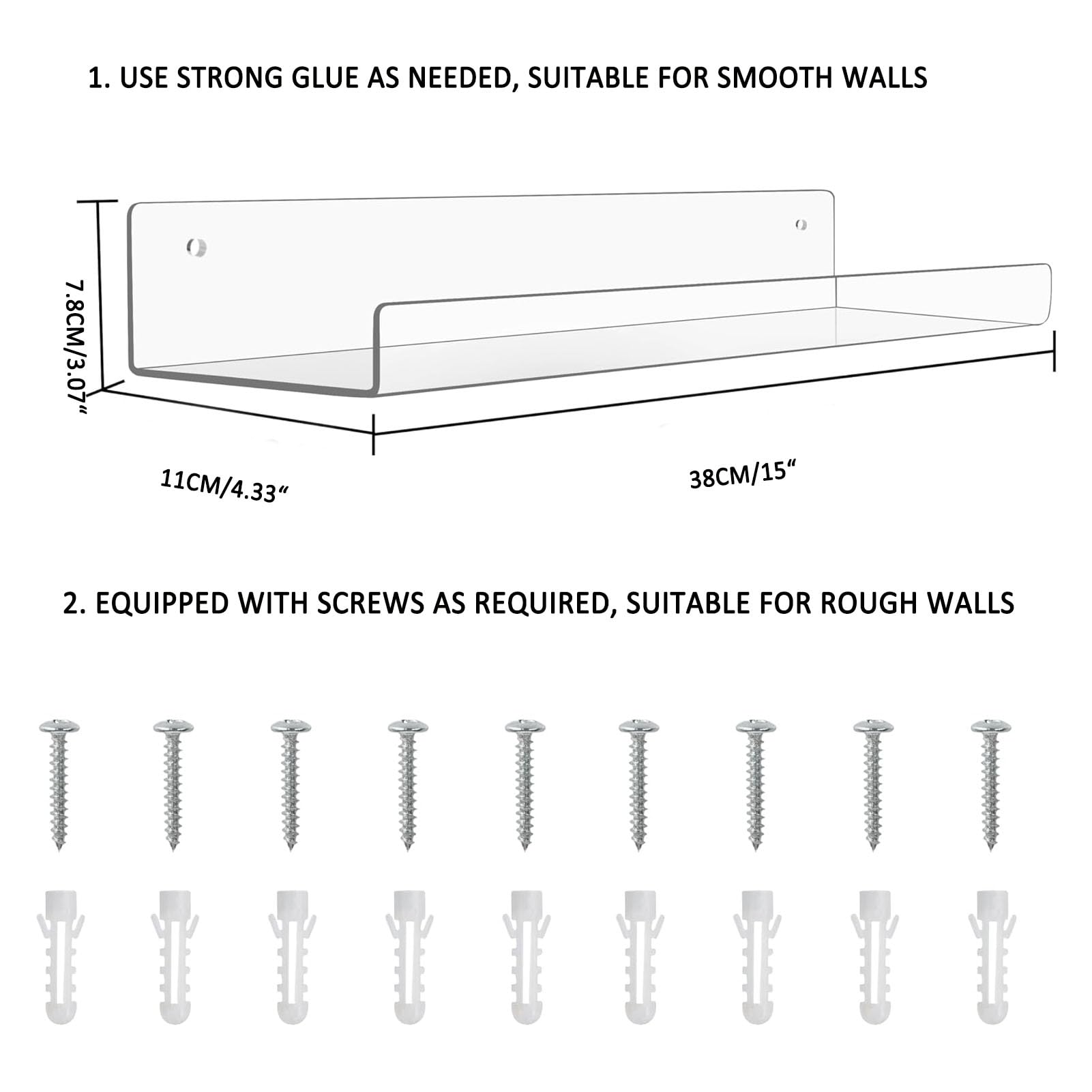 15" Acrylic Wall Shelves Storage Rack, Floating Wall Mounted Display Shelves, Kids Bookshelf Punch-free for Bedroom, Living Room, Bathroom, Kitchen With Screws and Super Glue(Single Load-Bearing 10KG)