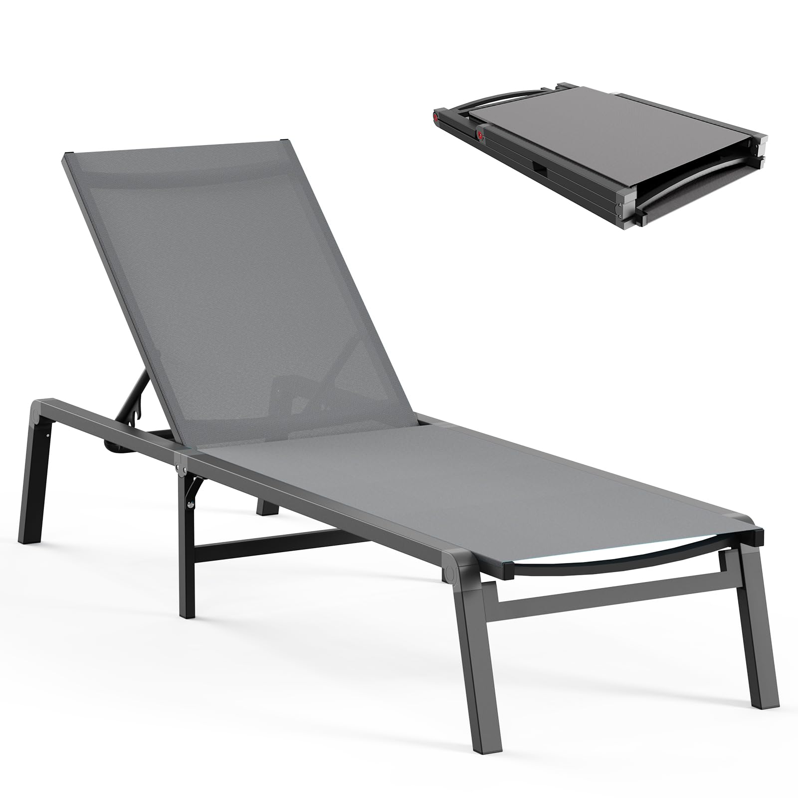 Aluminum Chaise Lounge Ourdoor - Foldable & Assemble Free Outdoor Lounge Chair with 5 Adjustable Backrest, Patio Lounge Chair for Outside Poolside Beach Pool, Grey