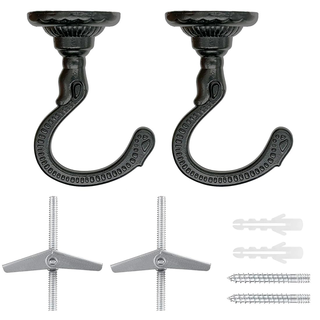 Evsteluo Large Swag Ceiling Heavy-Duty Hooks with Complete Hardware Kit - Ideal for Hanging Plants, Ceiling & Drywall Installation (2 Sets Black)