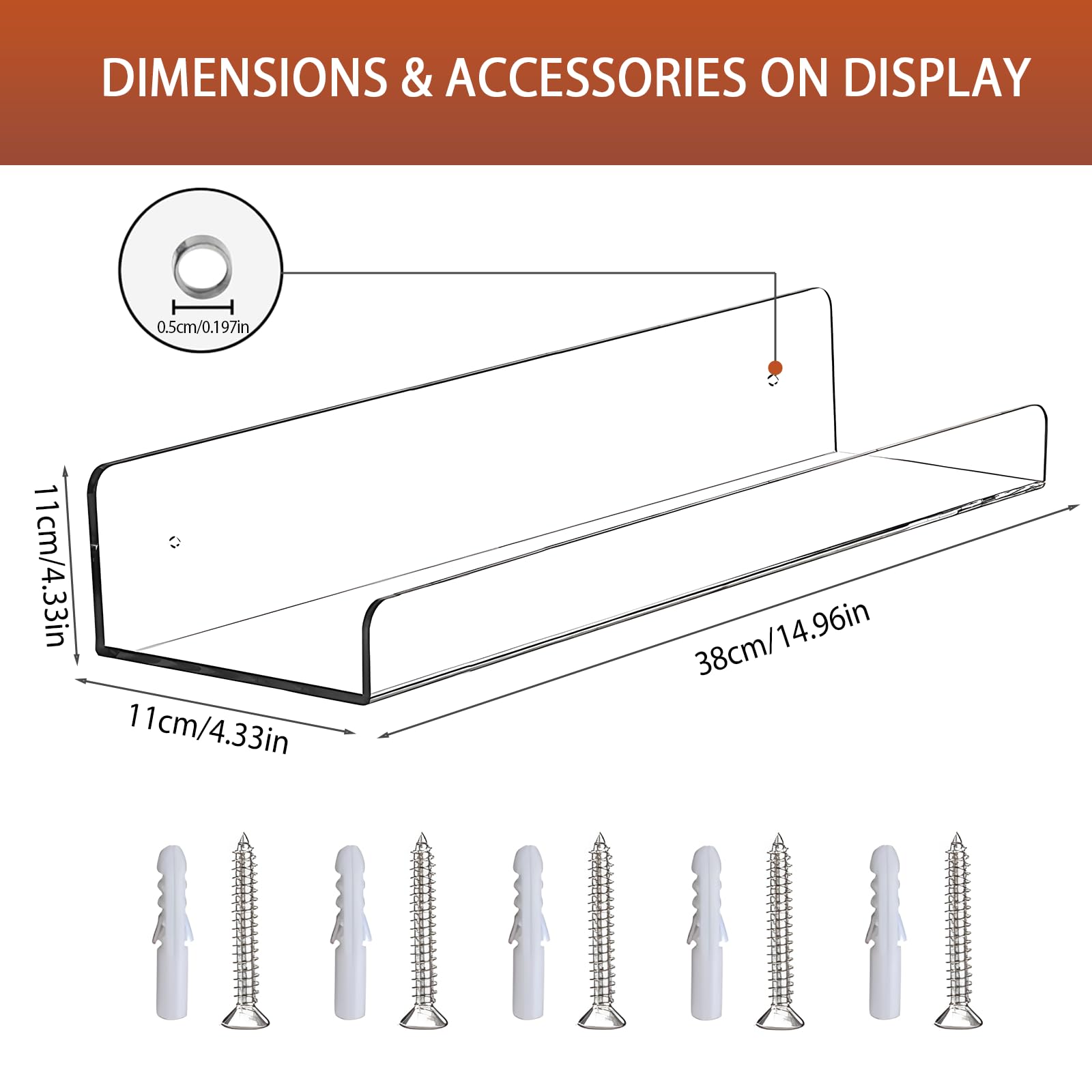 15" Acrylic Wall Shelves Storage Rack, Floating Wall Mounted Display Shelves, Kids Bookshelf Punch-free for Bedroom, Living Room, Bathroom, Kitchen With Screws and Super Glue(Single Load-Bearing 10KG)