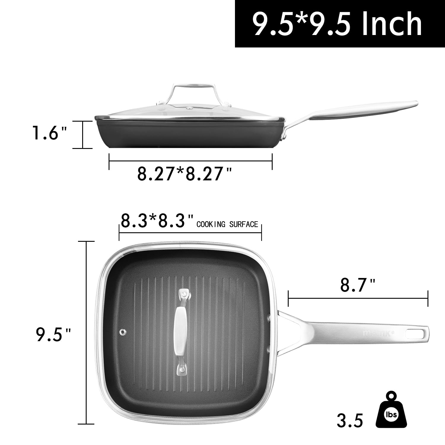 MsMk Square Grill Pan with Lid, 9.5 Inch Titanium and Ceramic Nonstick Grilling Skillet Pan，Stay-Cool Handle，Compatible with All Stovetops，PFOA Free，Dishwasher & Oven Safe，Indoor Chicken Skille