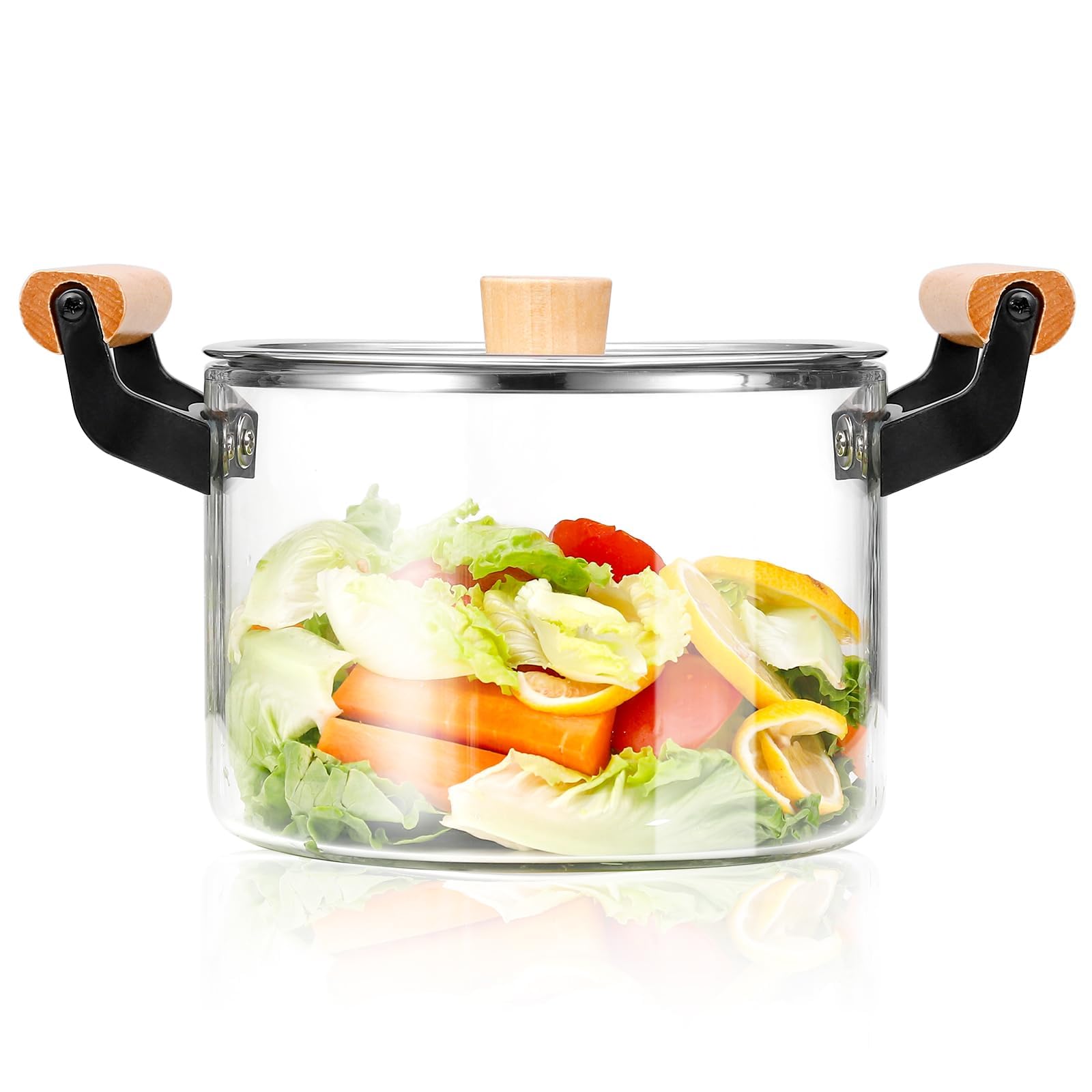 2.5L/3.5L/4.5L Clear Glass Pot for Cooking on Stove, Big Glass Cooking Pot with Wooden Handle, Large Glass Simmer Pot for Stove Potpourri, Glass Frying Pot with Clear Lid for Boiling Pot (3.5L)