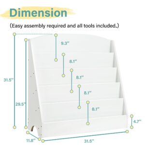 TOETOL 5-Tier Kids Bookshelf - Toddler Book Display Shelves for Classrooms, Playrooms, and Nursery - Wooden Children Book Rack (White)