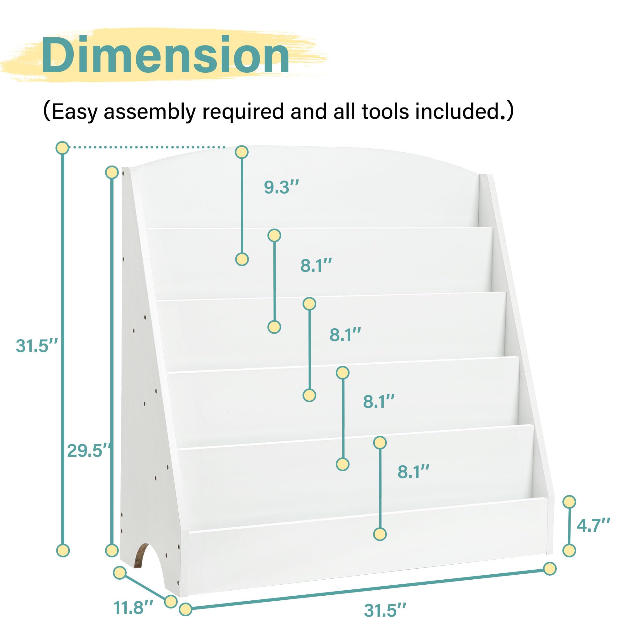 TOETOL 5-Tier Kids Bookshelf - Toddler Book Display Shelves for Classrooms, Playrooms, and Nursery - Wooden Children Book Rack (White)