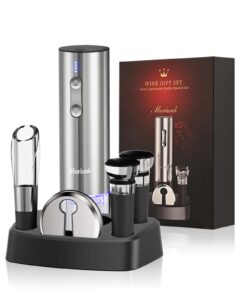 electric wine opener set with stand, wine gift set with rechargeable wine opener, wine aerator, vacuum stoppers and foil cutter, 6-in-1 wine bottle opener set for home party bar outdoor gift