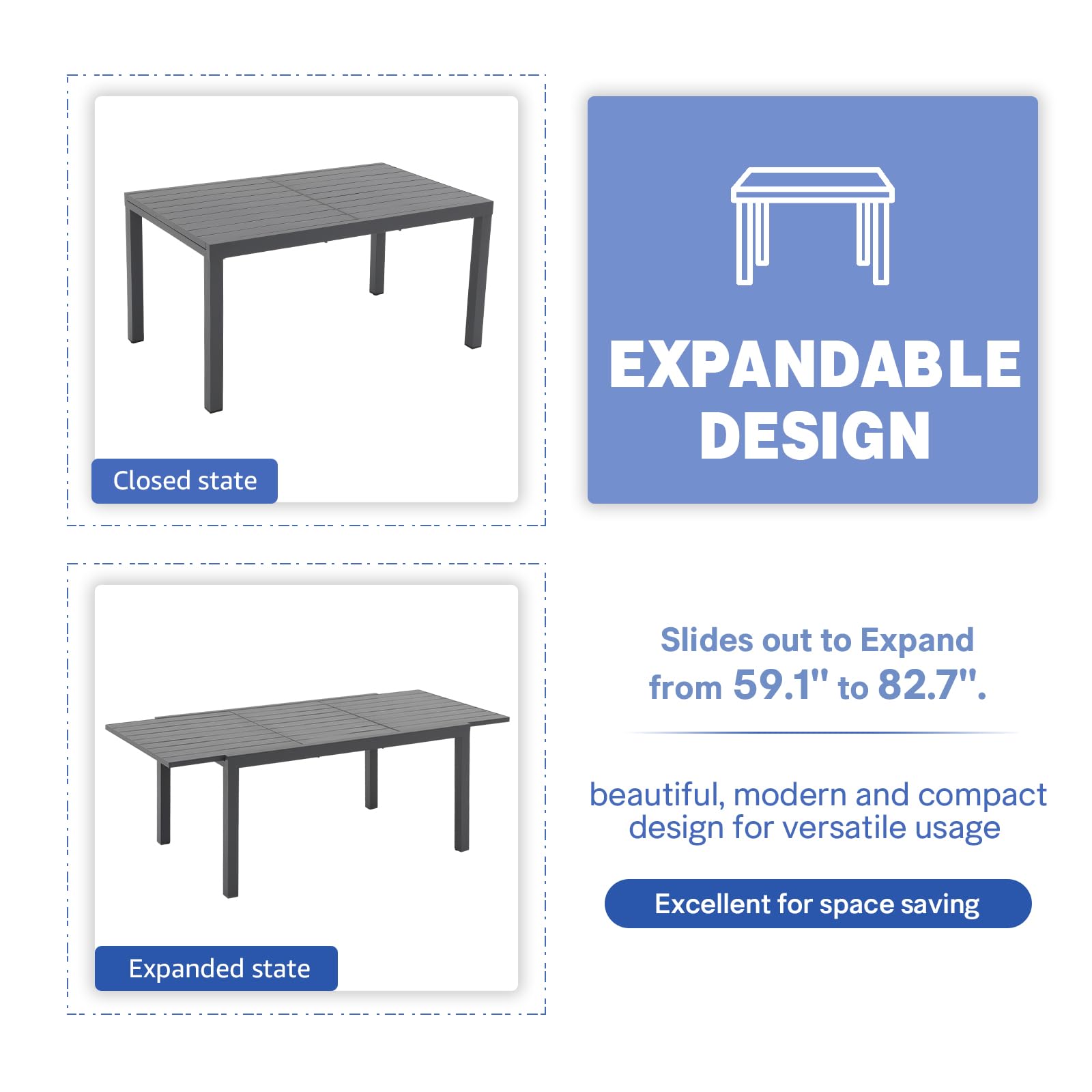 Soleil Jardin 9-Piece Outdoor Patio Dining Set, 59" - 83" Aluminum Expandable Outdoor Dining Table Set for 8, 8 Stackable Chairs with Gray Removable Cushions, Dark-Grey