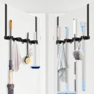 primzooty broom holder over the door 2pcs - 304 stainless steel mop and broom hanger wall mounted or hanging over the door with hooks - tool organizer for garage closet laundry kitchen decor