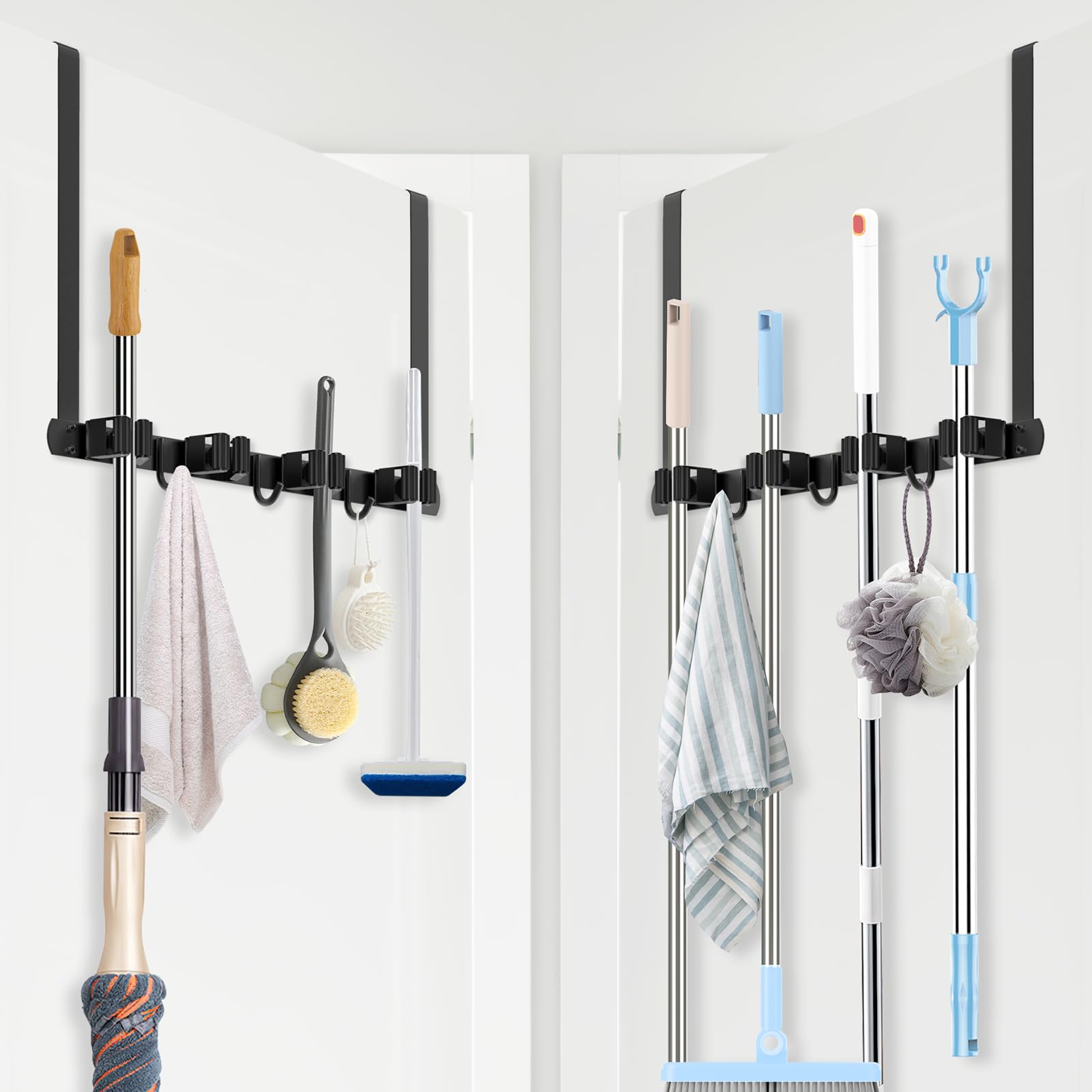 PrimZooty Broom Holder Over The Door 2PCS - 304 Stainless Steel Mop and Broom Hanger Wall Mounted or Hanging Over The Door with Hooks - Tool Organizer for Garage Closet Laundry Kitchen Decor