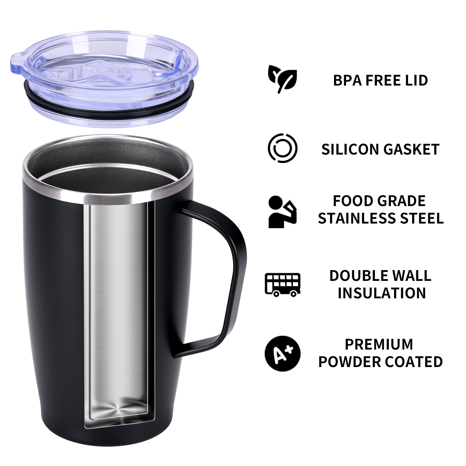 MEBRUDY 17oz Insulated Coffee Mug with Lid, Stainless Steel Double Wall Vacuum Travel Coffee Mug with Handle, Black