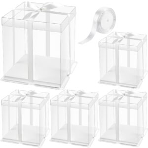 ocmoiy 8 × 8 × 9 in. clear cake box with ribbon, 5 pcs white disposable cake carrier with lid for 2-layer cake holder, display and gift packaging