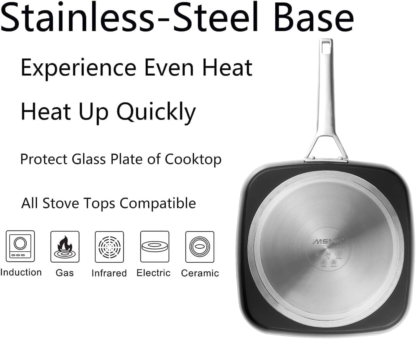 MsMk Square Grill Pan with Lid, 9.5 Inch Titanium and Ceramic Nonstick Grilling Skillet Pan，Stay-Cool Handle，Compatible with All Stovetops，PFOA Free，Dishwasher & Oven Safe，Indoor Chicken Skille