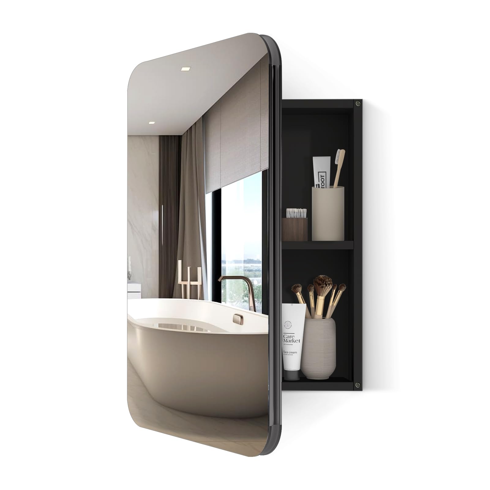 LALAHOO 24x16 Inch Bathroom Medicine Cabinet Black Aluminium Profiles Wall Mounted Bathroom Medicine Cabinet or Recessed Mirror Cabinet Rounded Rectangle Bathroom Medicine Cabinet