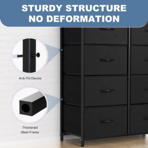 Dresser for Bedroom, Tall Storage Drawers, Fabric Storage Tower with 8 Drawers, Chest of Drawers with Fabric Bins, Sturdy Metal Frame, Wood Tabletop for Kids room, Closet, Entryway, Nursery, Black