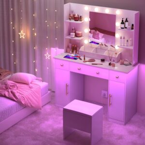 HUANLEGO Vanity Desk with Mirror and Lights, Makeup Vanity with Charging Station & Vanity Stool, 3 Drawers and Cabinets White Vanity Mirror with RGB LED Lights Vanity Desk and Chair for Women