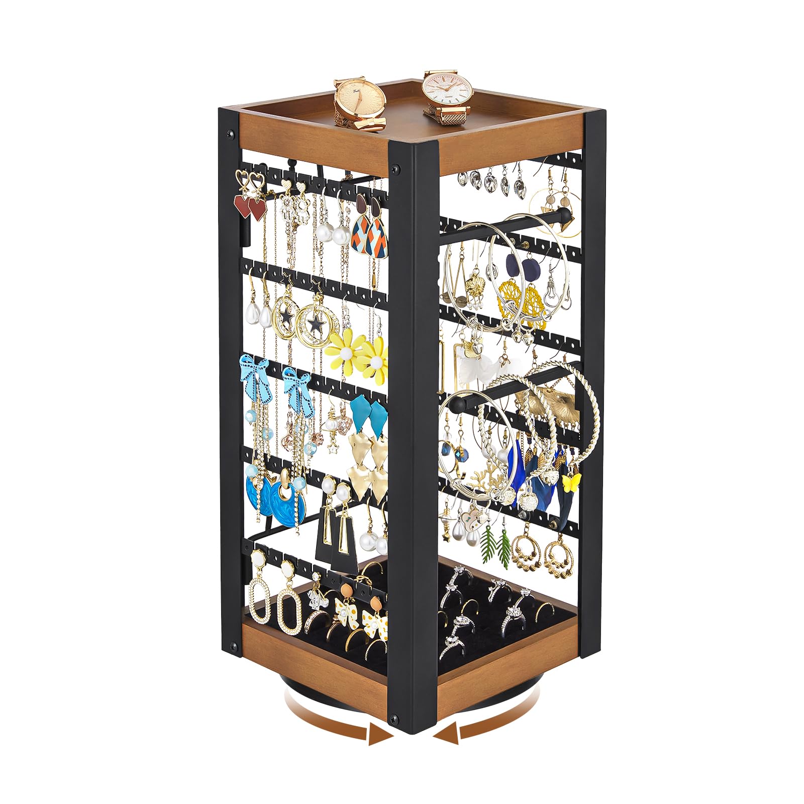 keomaisyto Rotating Earring Holder, Jewelry Holder Organizer with Ring Tray/Necklace/Bracelet Hooks, 360°Earring Organizer with Stable Bamboo Base for Jewelry Display (Patent Pending)