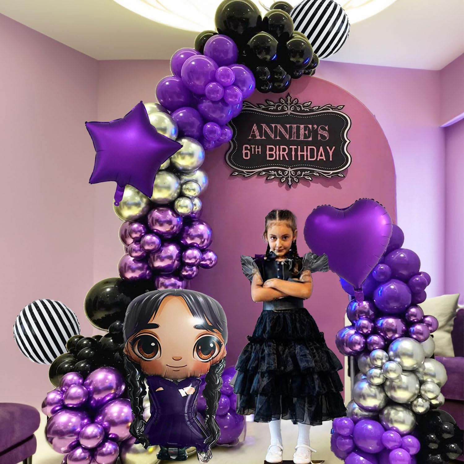 31" Gothic Cartoon Girl & Mixed Gothic Balloons Set: 5pcs Foil Balloons Black Striped, Star, and Heart Purple Balloons for Mysterious Character theme Party, Birthday, Halloween, and Costume Parties