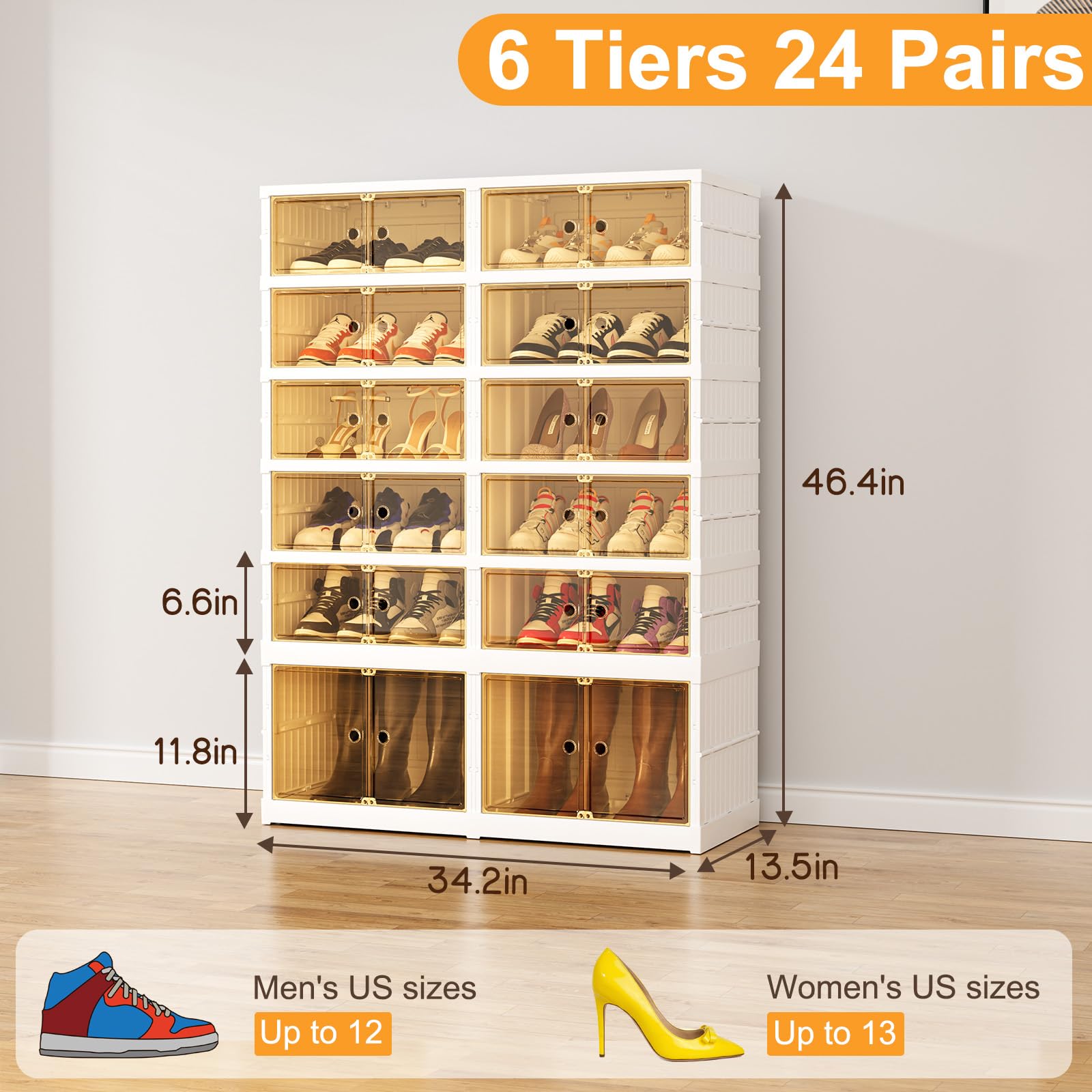 PeSenp 6 Tier Shoe Storage Cabinet Foldable Shoe Rack with Magnetic Clear Door, Easy Assembly Dust Free Collapsible Shoe Cabinet, 24 Pairs Shoe Storage Box Large Shoe Storage for Door Entrance