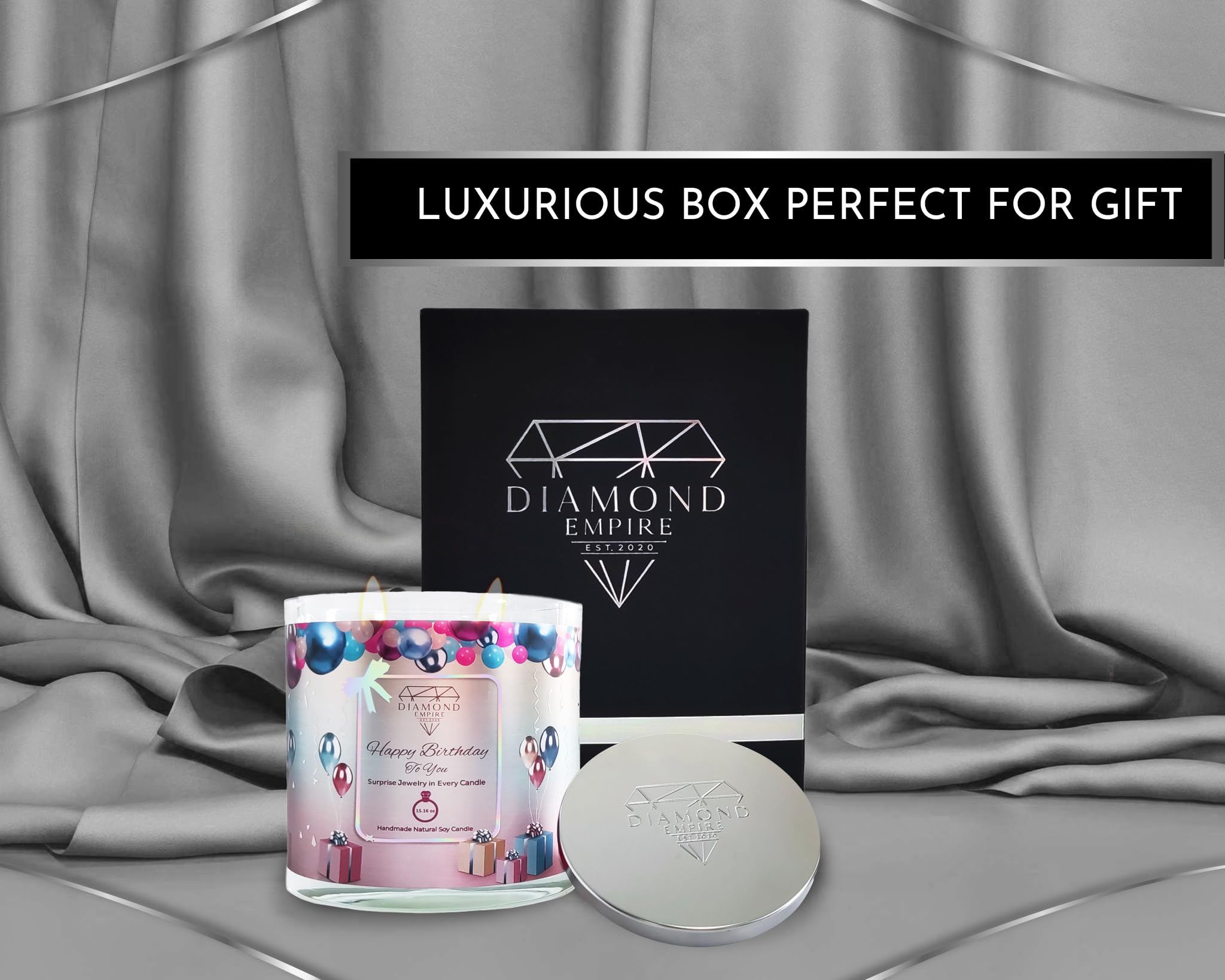 Diamond Empire Happy Birthday Candle with Surprise Jewelry Inside (Surprise Jewelry Valued up to $3,500) 2 Wick Candle (Burn up to 120 H) Ring Size 6