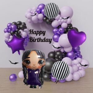 31" Gothic Cartoon Girl & Mixed Gothic Balloons Set: 5pcs Foil Balloons Black Striped, Star, and Heart Purple Balloons for Mysterious Character theme Party, Birthday, Halloween, and Costume Parties