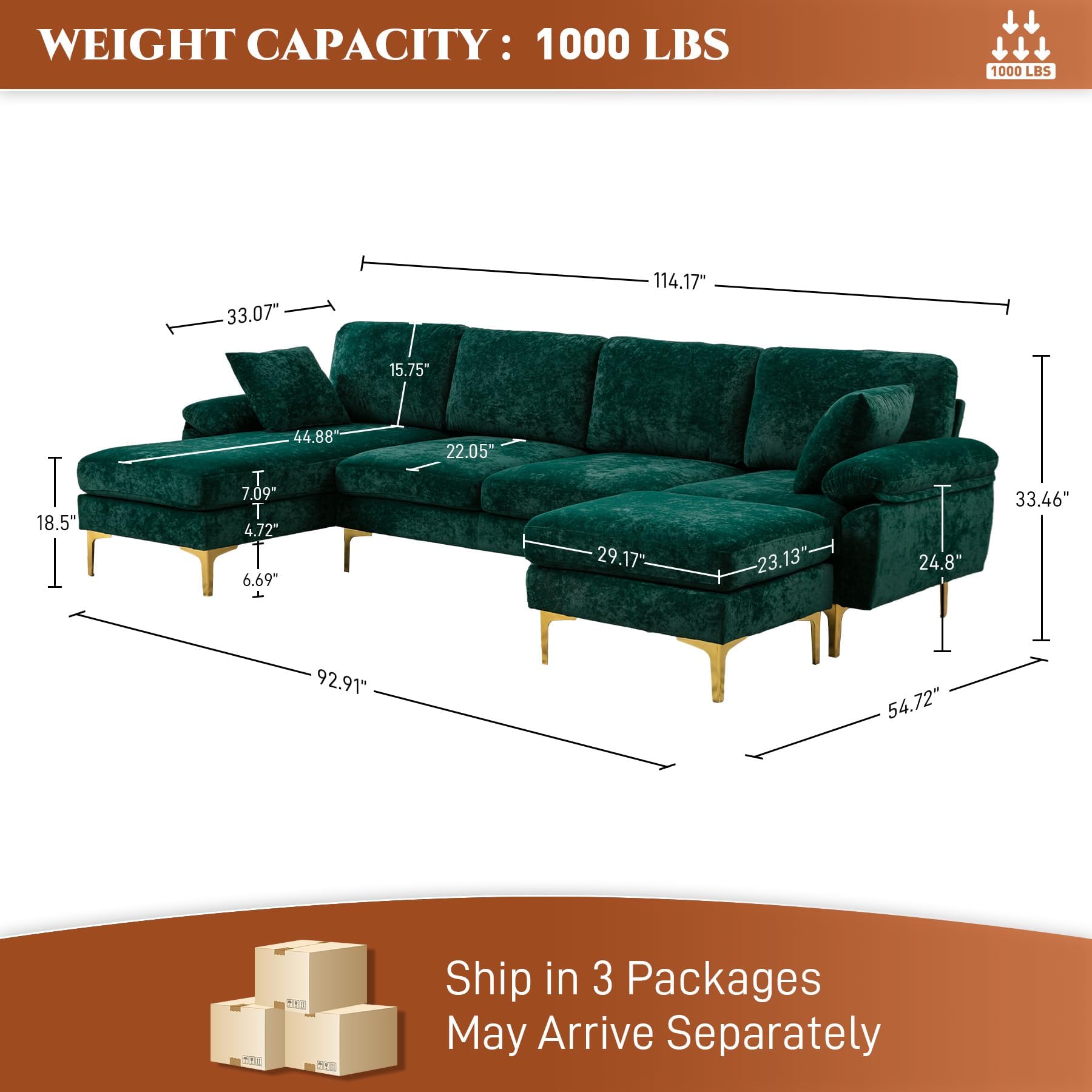 OUYESSIR U-Shaped Sectional Sofa Couch, 4 Seat Sofa Set for Living Room, Convertible L-Shaped Velvet Couch Set with Chaise Lounge, Ottoman and Pillows,114 inches (Emerald Green)