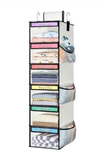 homyfort 6-shelf weekly hanging closet clothes organizer for kids, days of the week clothes organizer for closet, sturdy oxford kids closet organizers and storage (white)