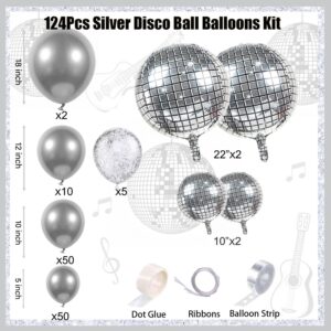 Disco Ball decorations 124Pcs Silver balloon Garland Metallic Silver Confetti balloon arch kit Chrome silver balloon for Disco party 50th 60th Birthday Graduation Galaxy Alien Party