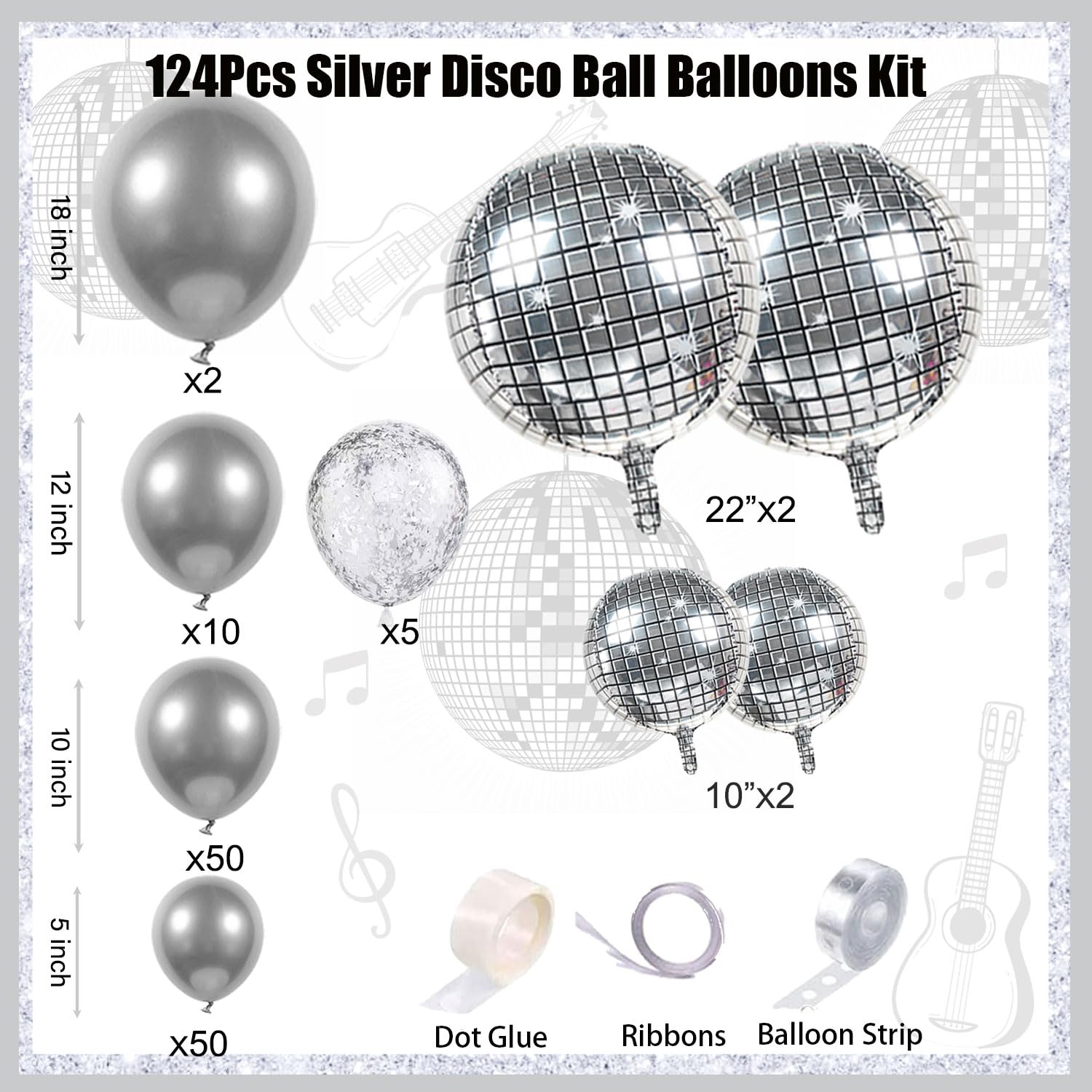 Disco Ball decorations 124Pcs Silver balloon Garland Metallic Silver Confetti balloon arch kit Chrome silver balloon for Disco party 50th 60th Birthday Graduation Galaxy Alien Party