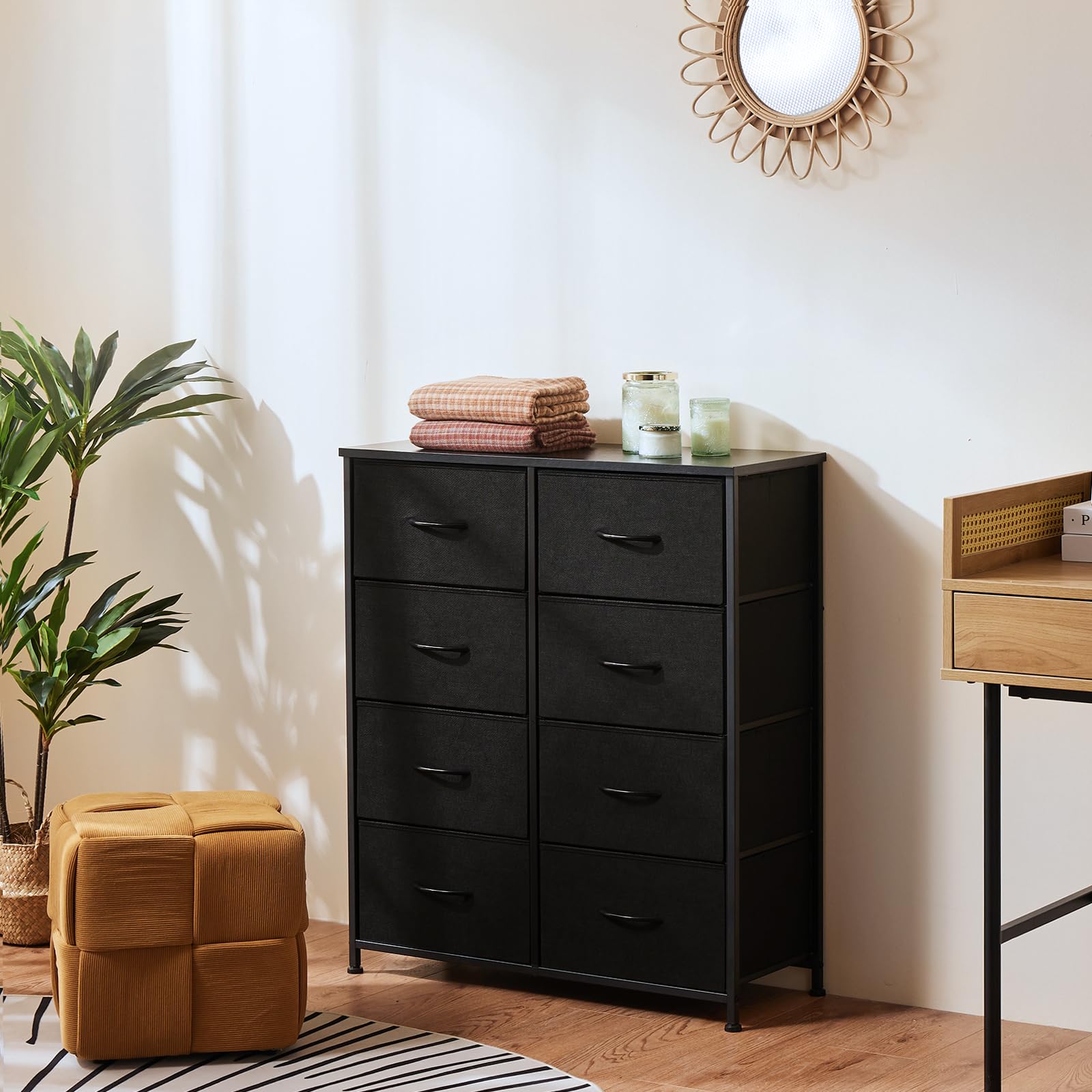 Dresser for Bedroom, Tall Storage Drawers, Fabric Storage Tower with 8 Drawers, Chest of Drawers with Fabric Bins, Sturdy Metal Frame, Wood Tabletop for Kids room, Closet, Entryway, Nursery, Black