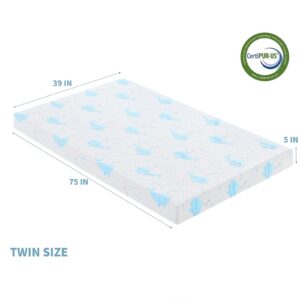 OUUI 5 Inch Twin Mattress for Kids, Removable Washable Cover with Whales Pattern Cooling Memory Foam Medium Feel, Bed-in-a-Box, CertiPUR-US Certified, Twin, White/Blue