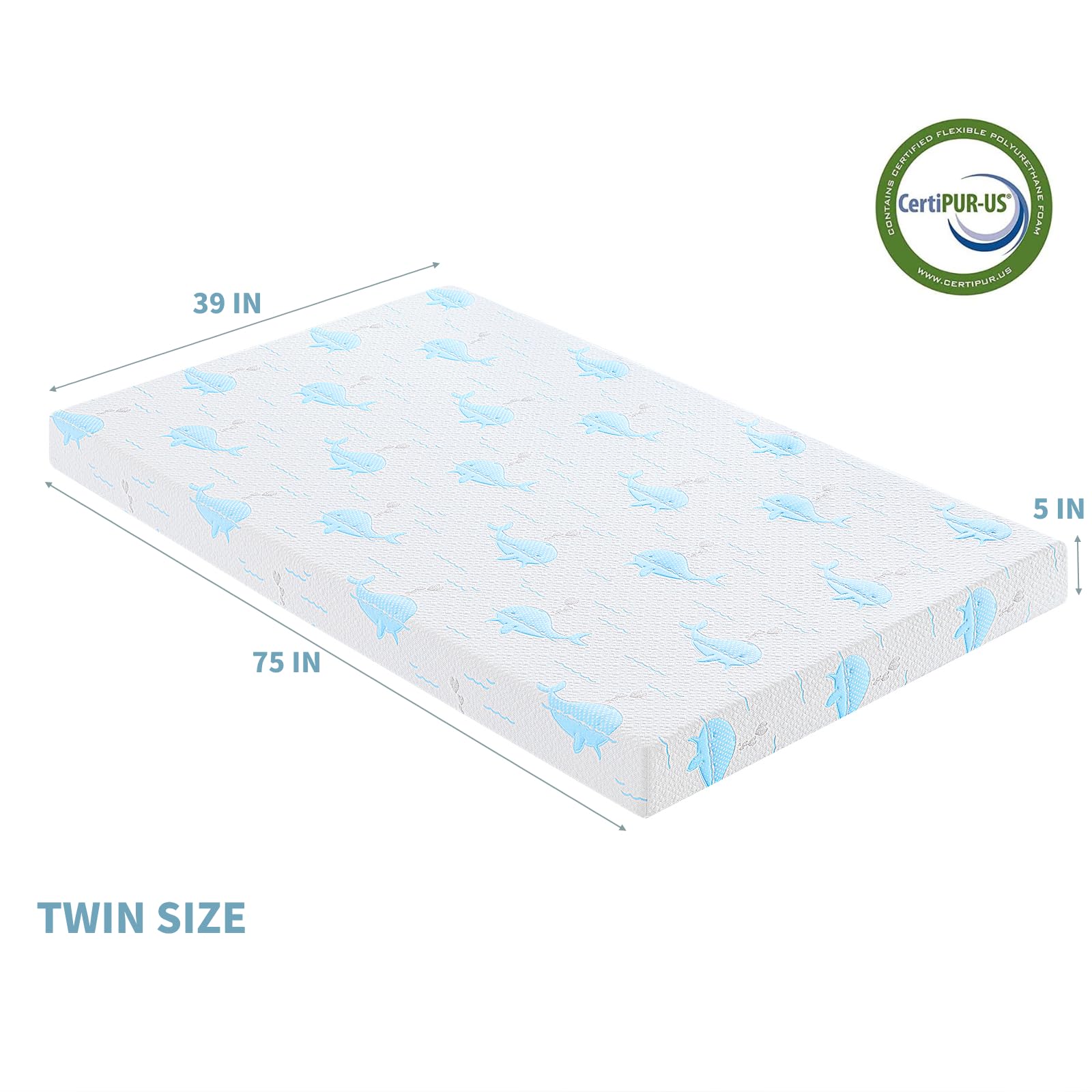 OUUI 5 Inch Twin Mattress for Kids, Removable Washable Cover with Whales Pattern Cooling Memory Foam Medium Feel, Bed-in-a-Box, CertiPUR-US Certified, Twin, White/Blue