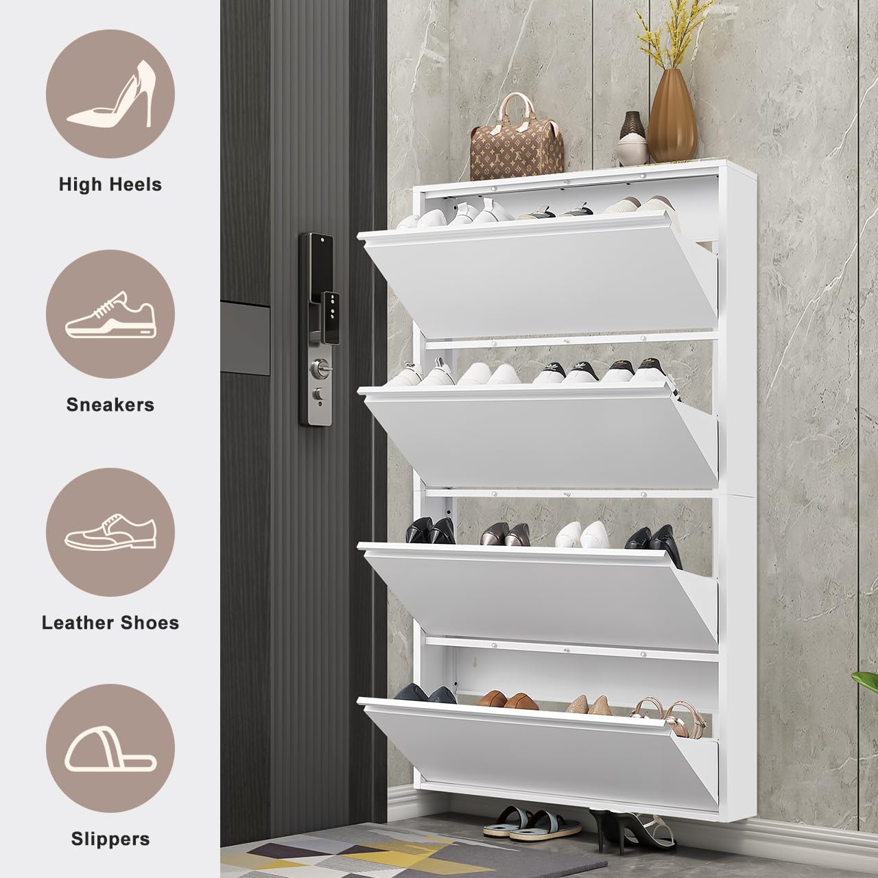 GREATMEET Metal Shoe Cabinet with 4 Flip Drawers, Wall Mount Metal Shoe Organizer for Entryway, 4 Layers Steel Shoe Rack Cabinet, Shoes Cabinet Storage Entryway(White, 4 FILP Drawers)