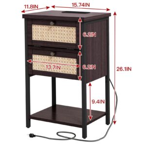 End Table with Charging Station, 2 Tier Rattan Decorated Nightstand with USB Ports and Outlets, Bedside Table with Drawer, Modern Sofa Side Table for Bedroom, Living Room, Office, Cherry Red