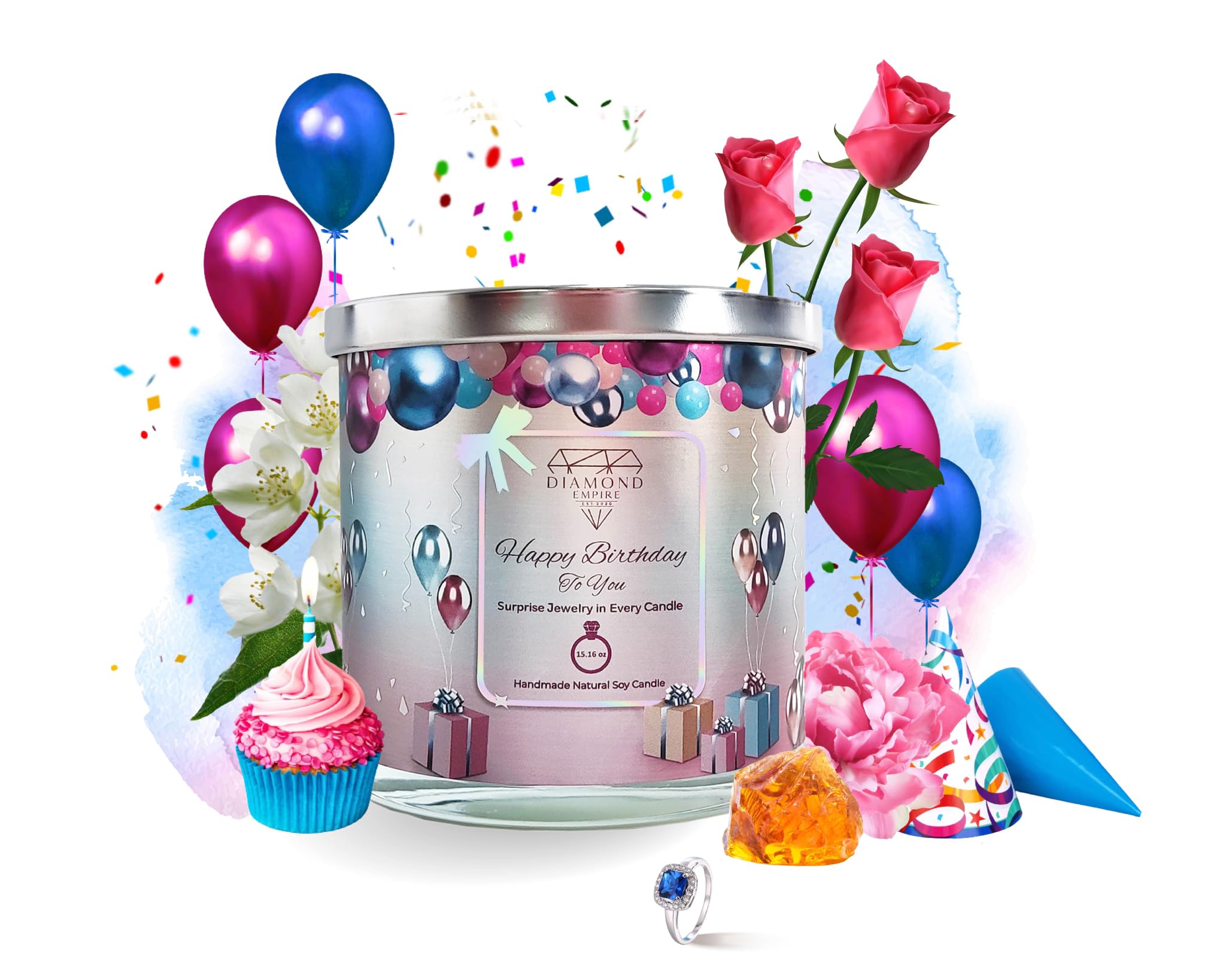 Diamond Empire Happy Birthday Candle with Surprise Jewelry Inside (Surprise Jewelry Valued up to $3,500) 2 Wick Candle (Burn up to 120 H) Ring Size 6