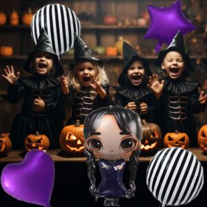 31" Gothic Cartoon Girl & Mixed Gothic Balloons Set: 5pcs Foil Balloons Black Striped, Star, and Heart Purple Balloons for Mysterious Character theme Party, Birthday, Halloween, and Costume Parties